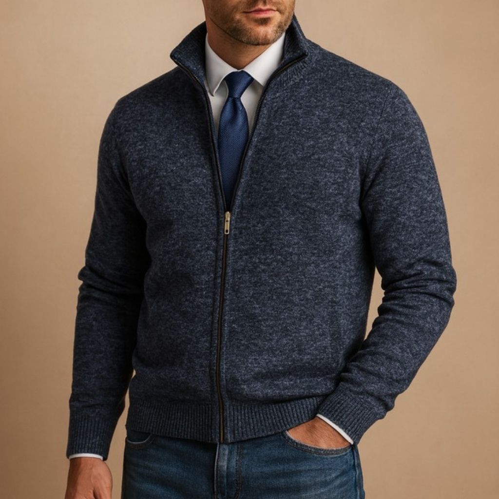 Cardigan à Col Côtelé Zippé Coupe Slim Homme