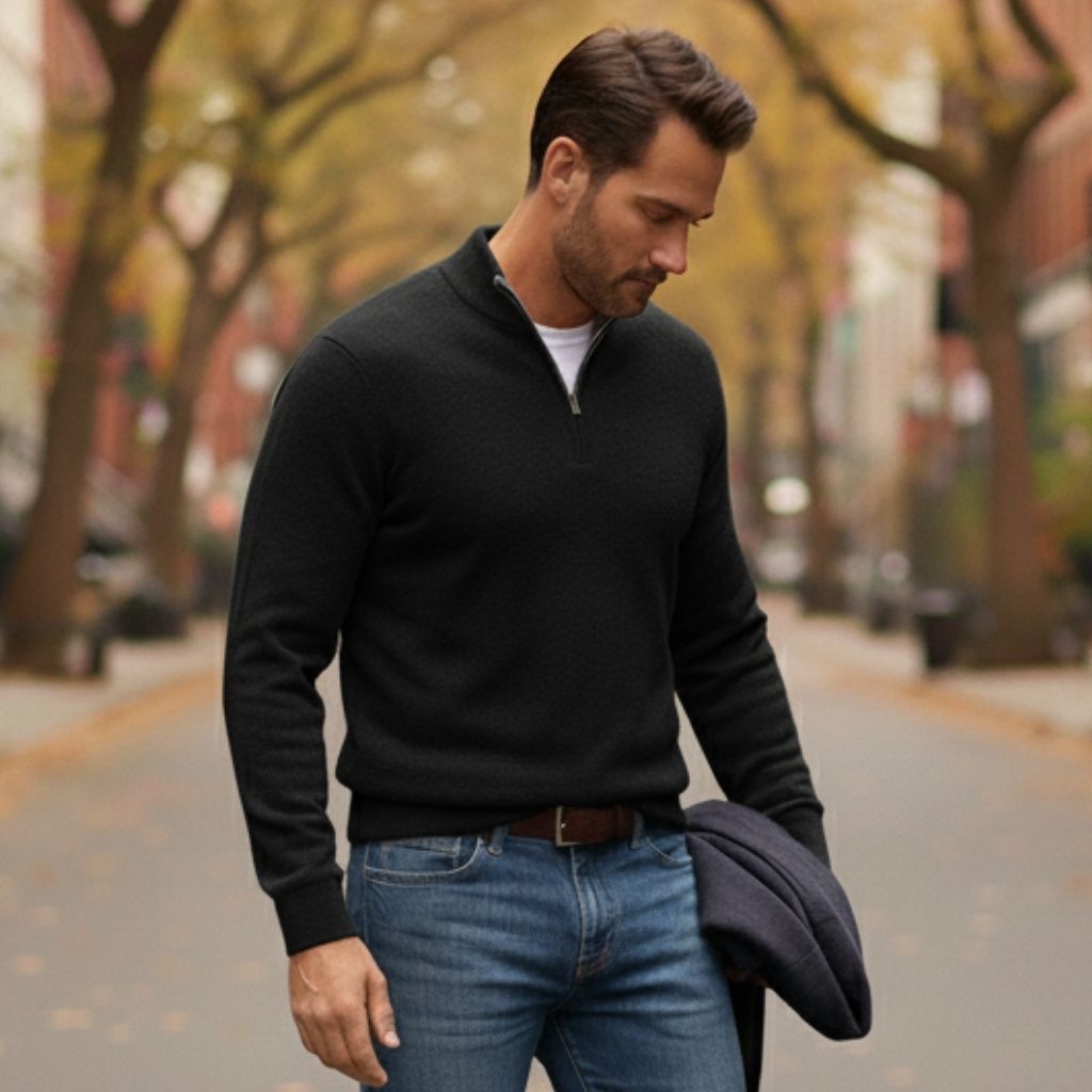 Pull Col V Zippé en Merino Doux Homme