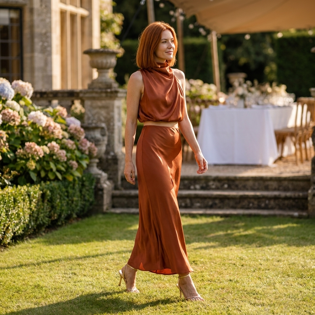 Women's satin two-piece outfit with coordinated styling