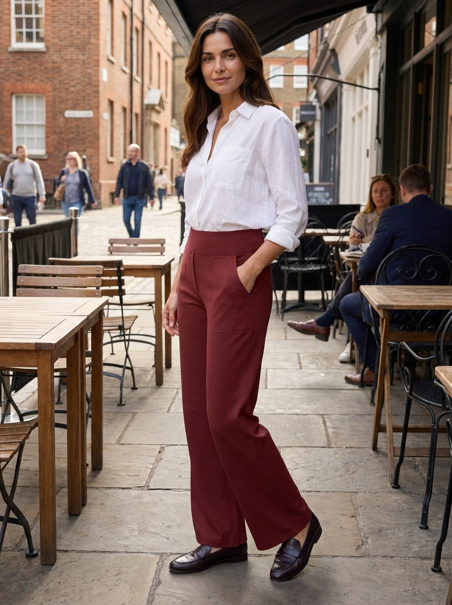  Women's red nylon stretch trousers with elastic waistband, full-length casual fit
