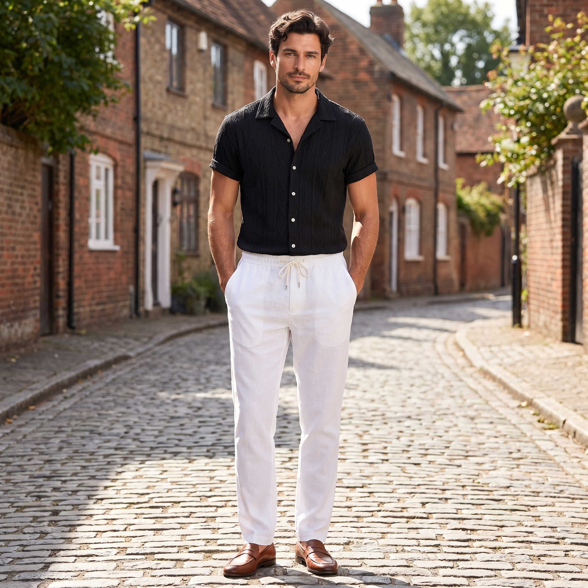 Men's dark two-piece wide-leg set with textured button shirt and elastic waistband trousers in a relaxed fit
