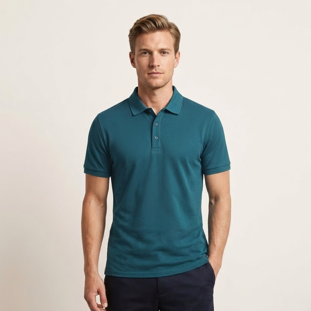 Front upper body view highlighting the classic polo collar and button placket design