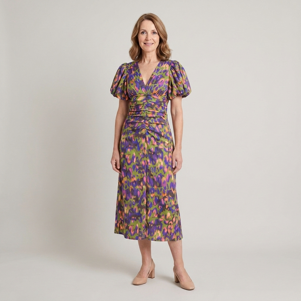 Women's summer midi dress with an all-over print for holidays and weekend outings