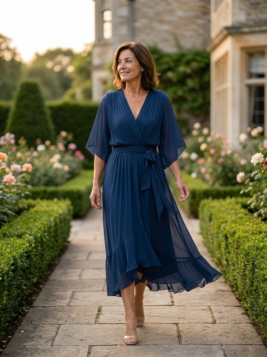 Women's navy blue V-neck chiffon midi dress with long sleeves and sash closure