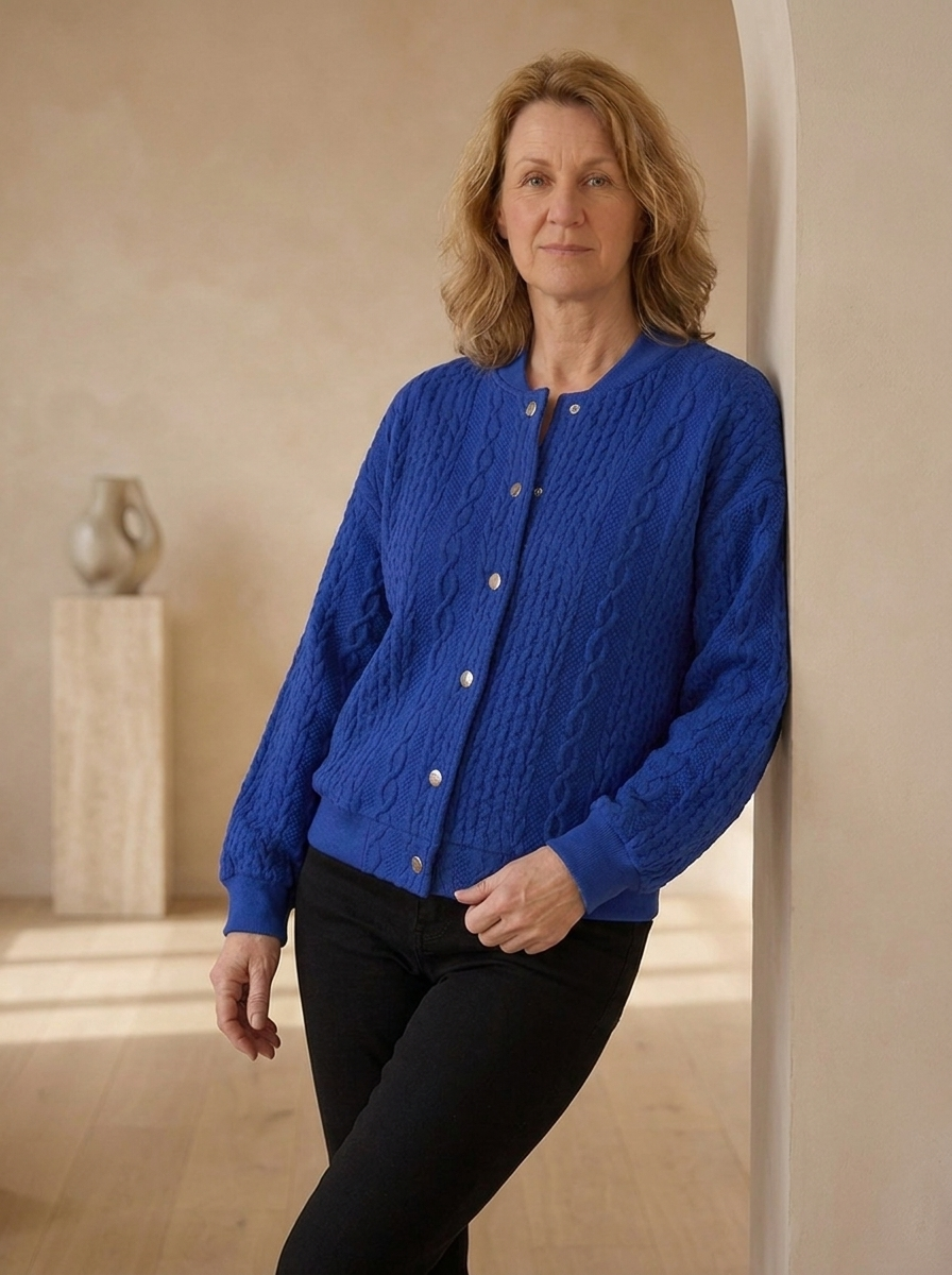 Cropped cable knit cardigan with a button front