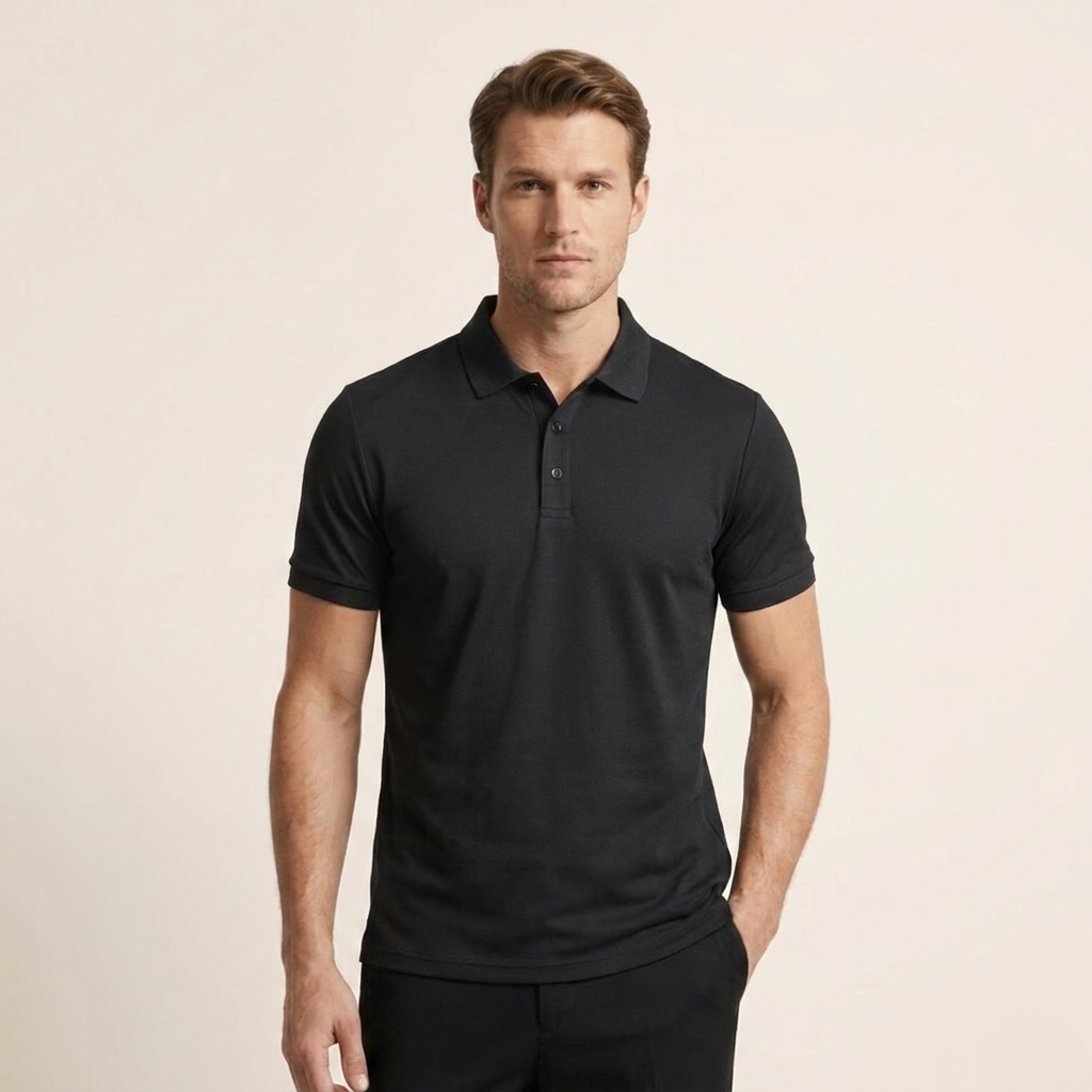 Three-quarter front view of a men's classic polo shirt with a traditional collar and button fastening