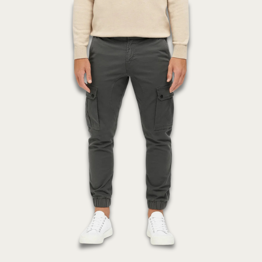 Men's dark gray cotton cargo jogger trousers with elastic waistband and cargo side pockets