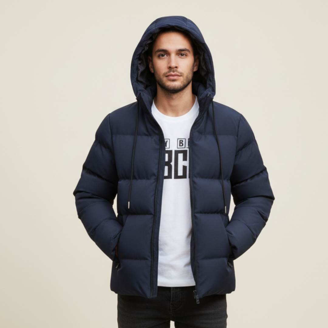 padded hooded jacket with water resistant shell shown from front angle