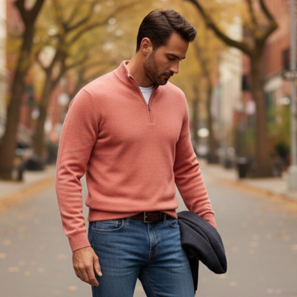 Pull Col V Zippé en Merino Doux Homme