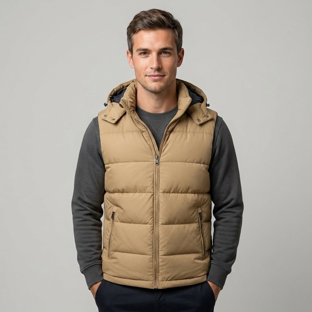 Detachable hood detail on men's quilted gilet
