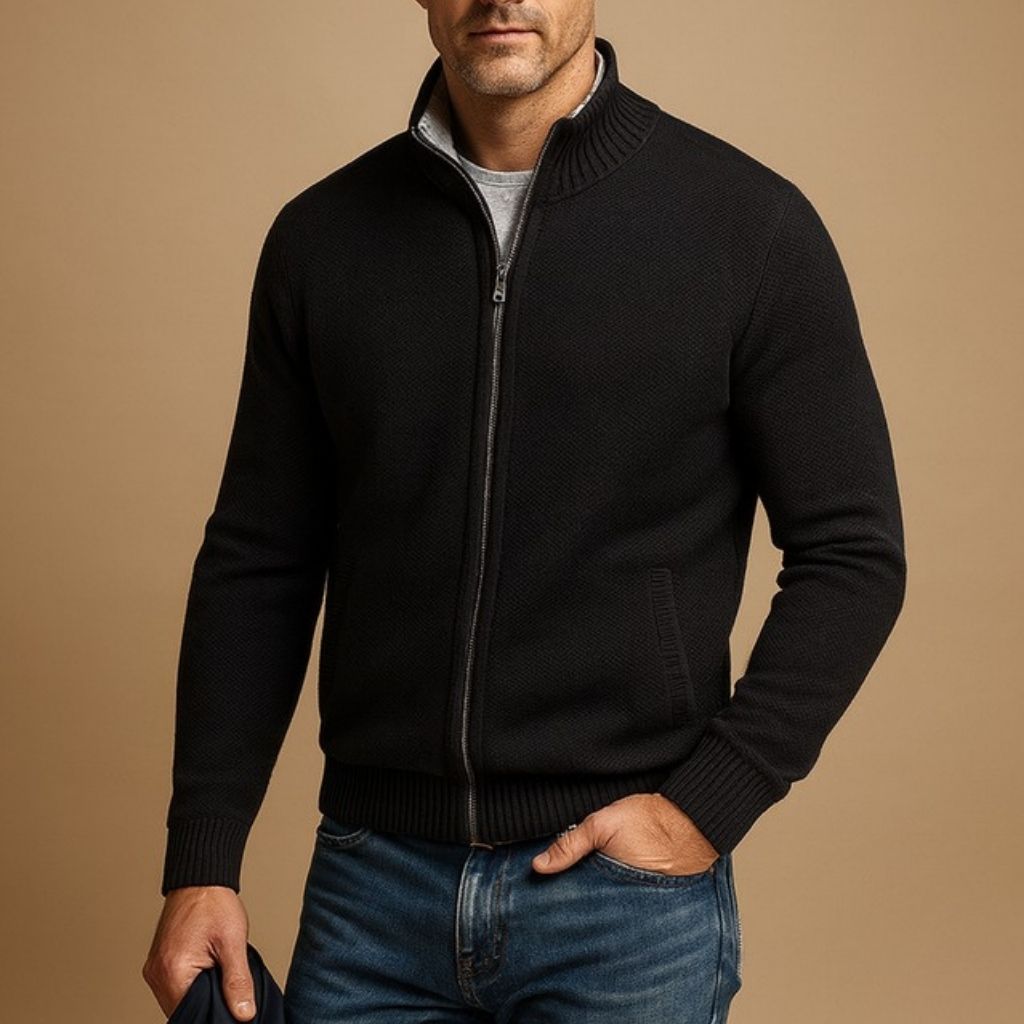 Cardigan à Col Côtelé Zippé Coupe Slim Homme
