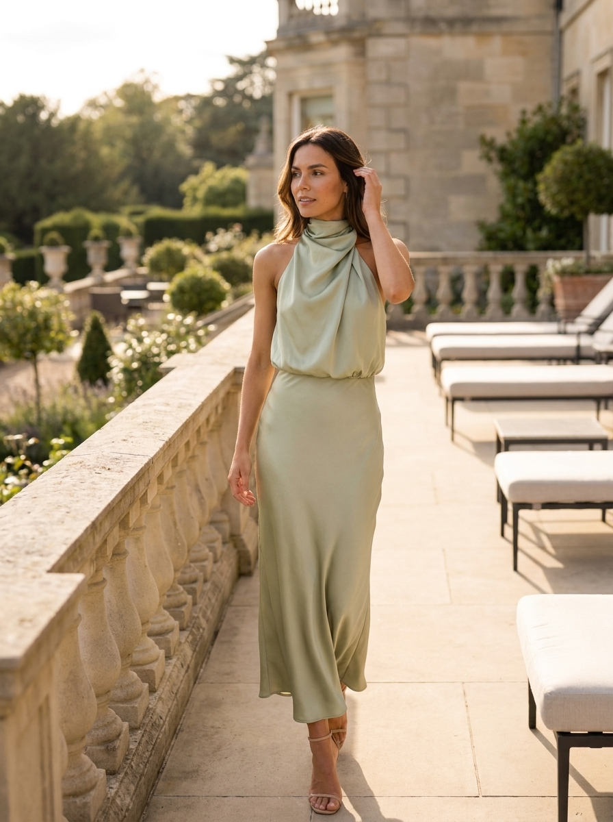 Women's matte satin bodycon cocktail dress in light green, fitted silhouette, sizes S–XL