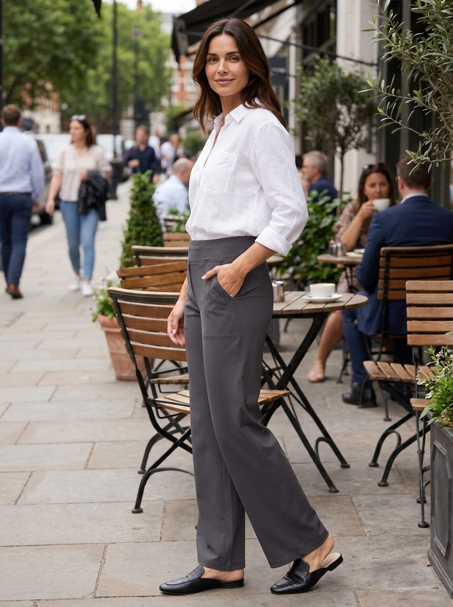  Women's dark gray nylon stretch trousers, full-length casual style with elastic waistband