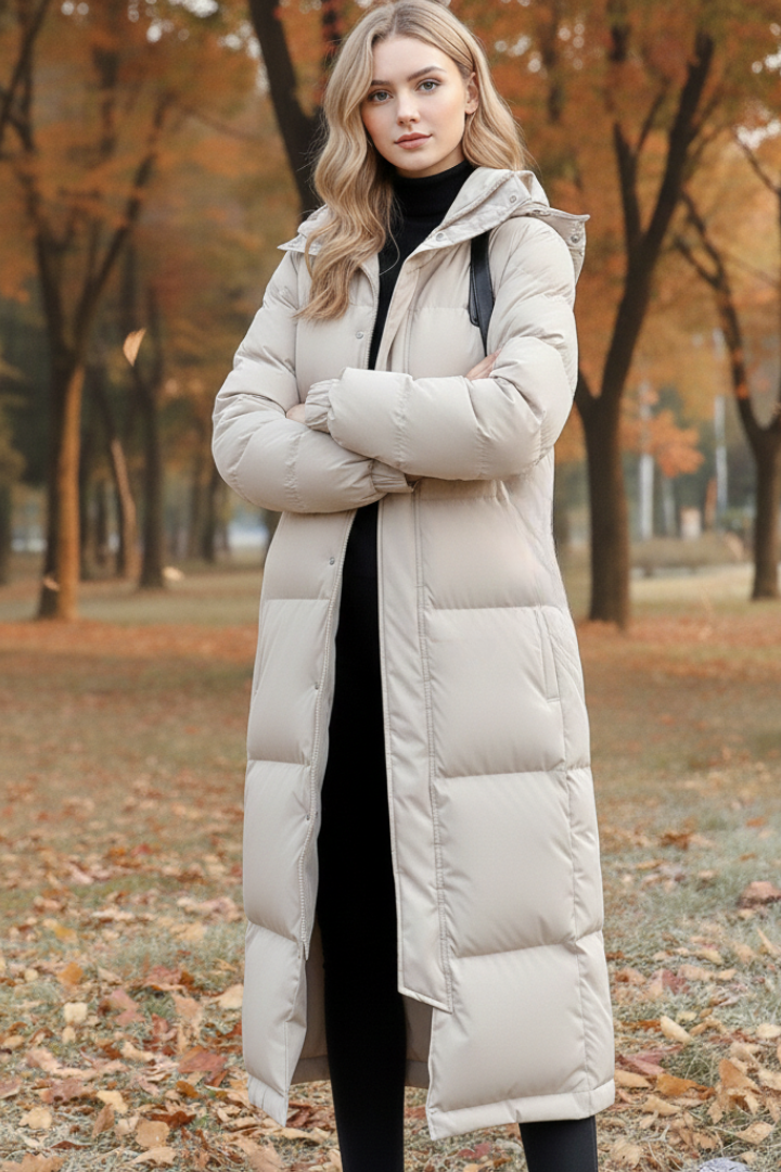 Long puffer coat with side pockets and quilted panels for women
