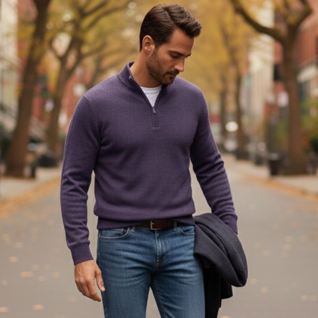 Pull Col V Zippé en Merino Doux Homme