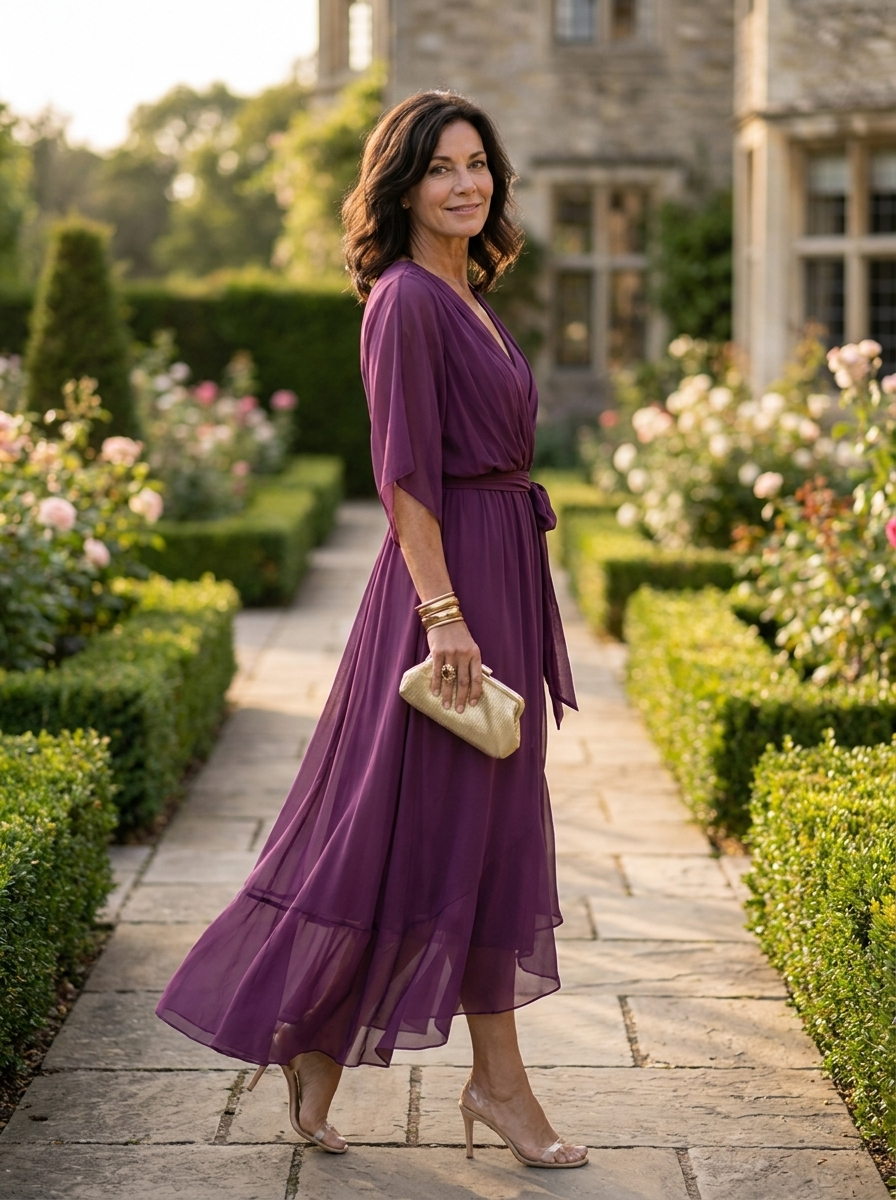 Women's dark purple V-neck chiffon midi dress with long sleeves and sash closure