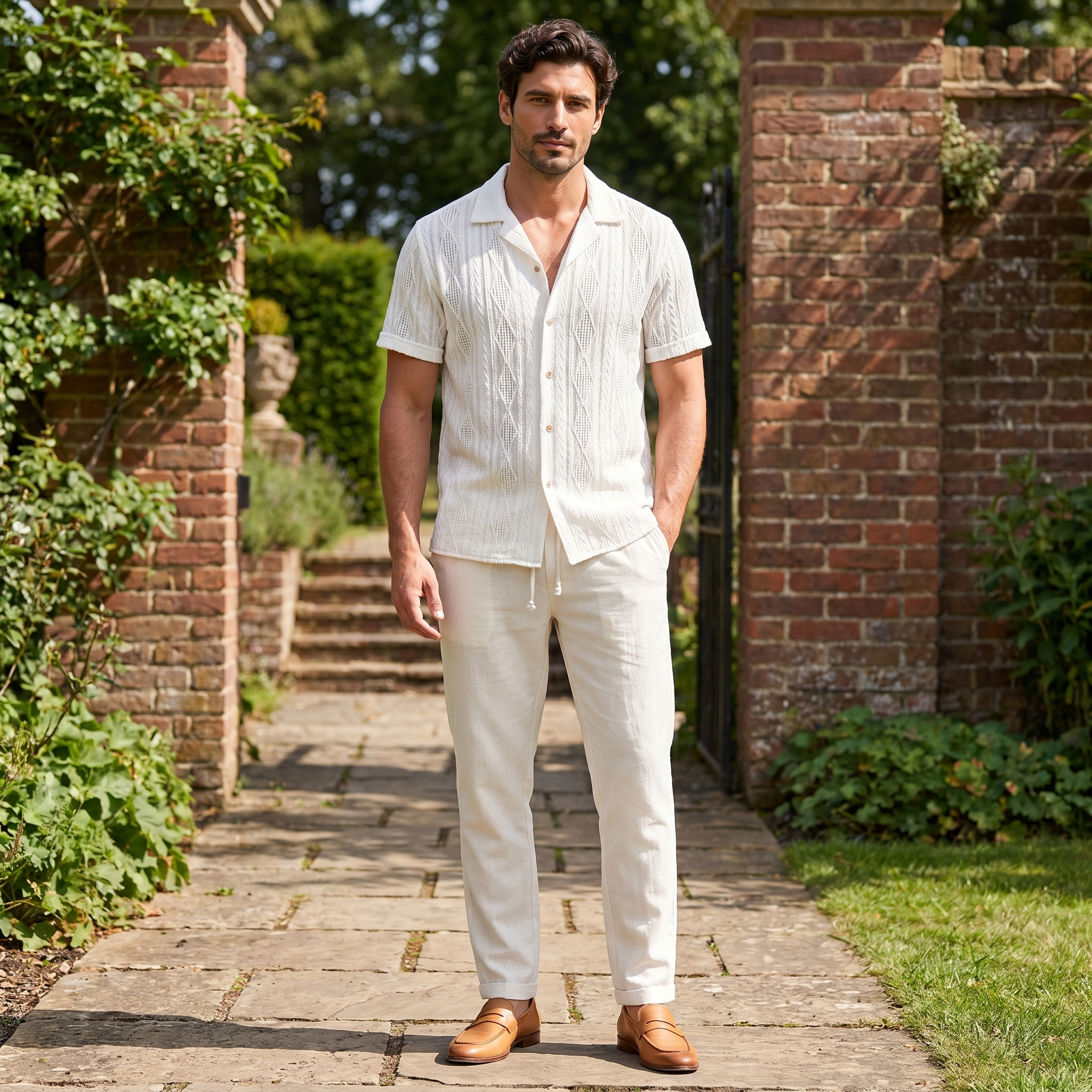 Men's white two-piece wide-leg set with long sleeve button-up textured shirt and relaxed fit trousers