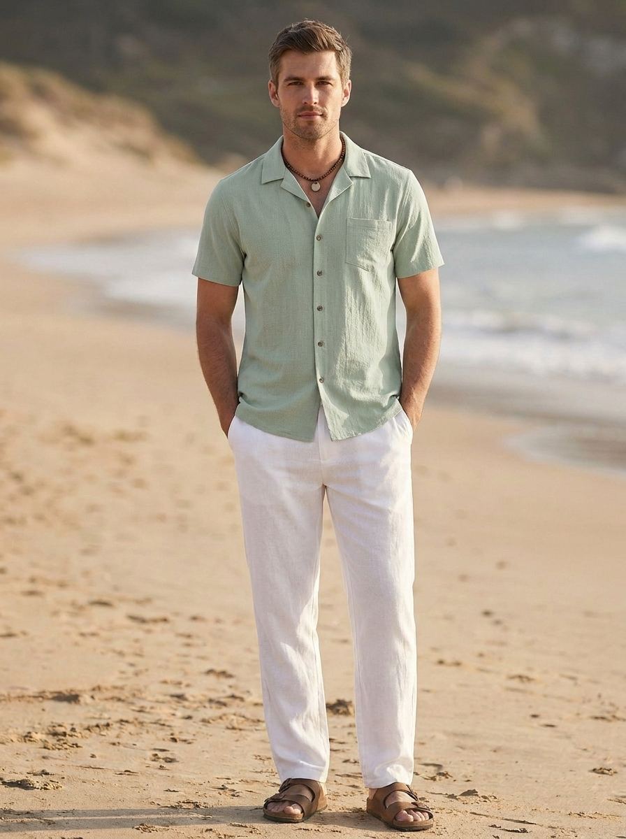 Men's matching shirt and trouser set with a classic Cuban collar design