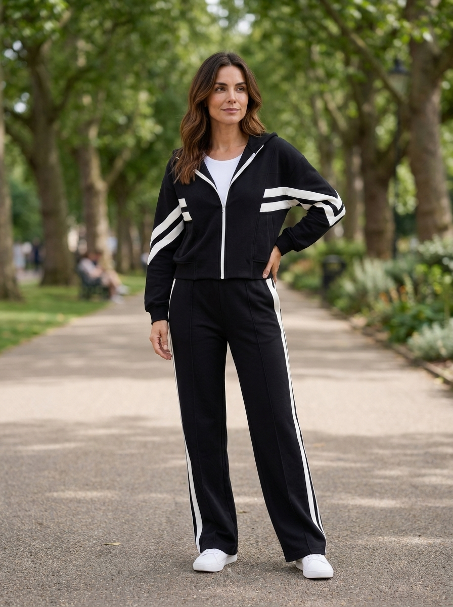 Women's training set in black – relaxed fit polyester top and coordinated full-length trousers