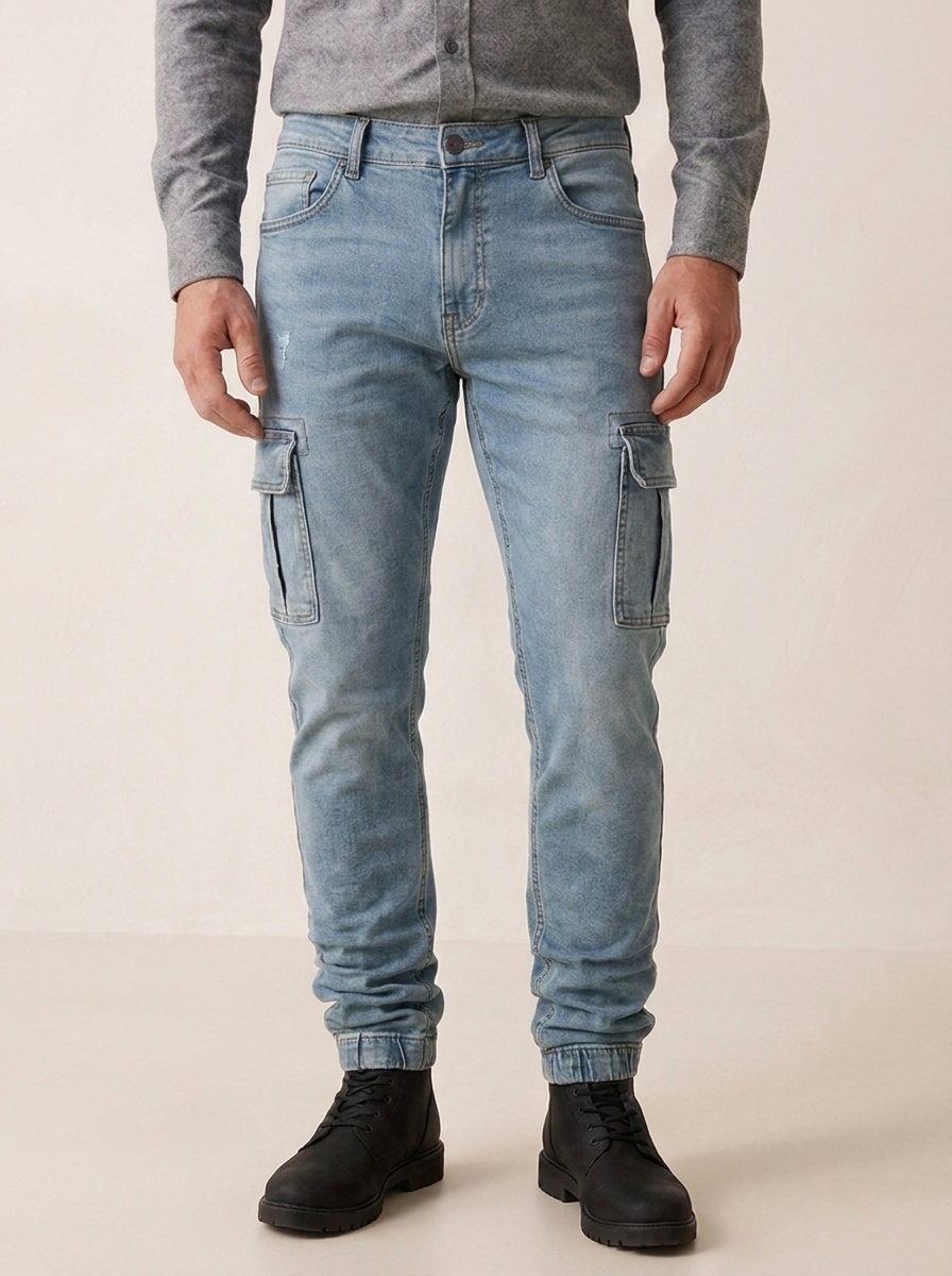 Denim cargo pants with five-pocket styling