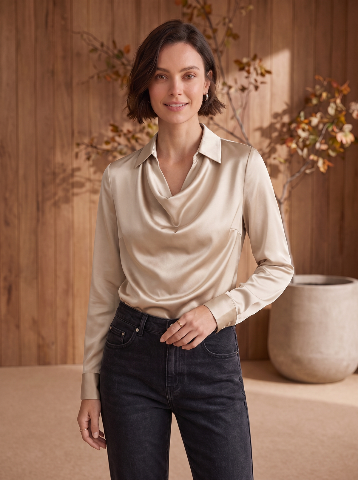 Women's satin blouse with draped neckline