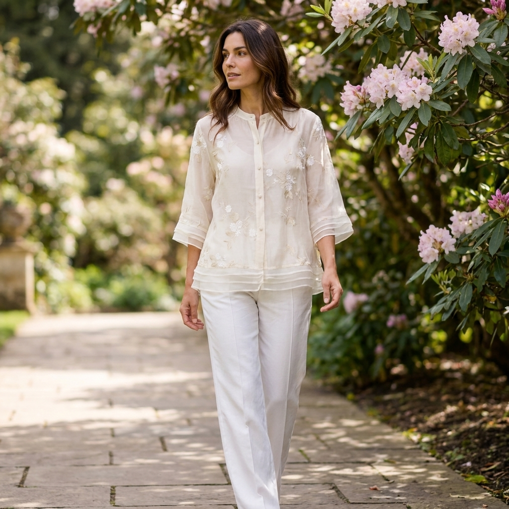 Women's three quarter sleeve blouse showcasing the complete garment design