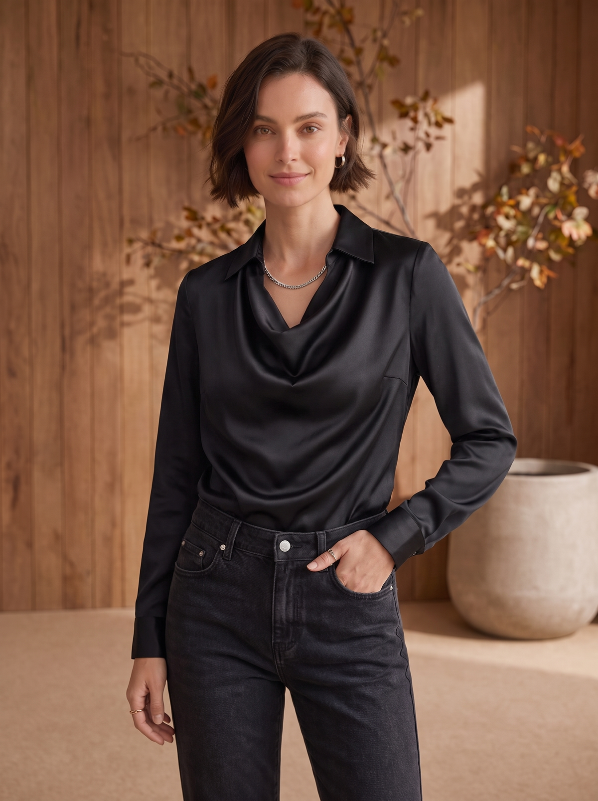 Satin blouse drape neck women