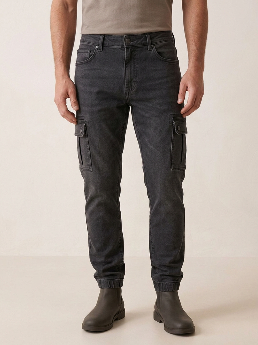 Tapered denim cargo pants with side pockets