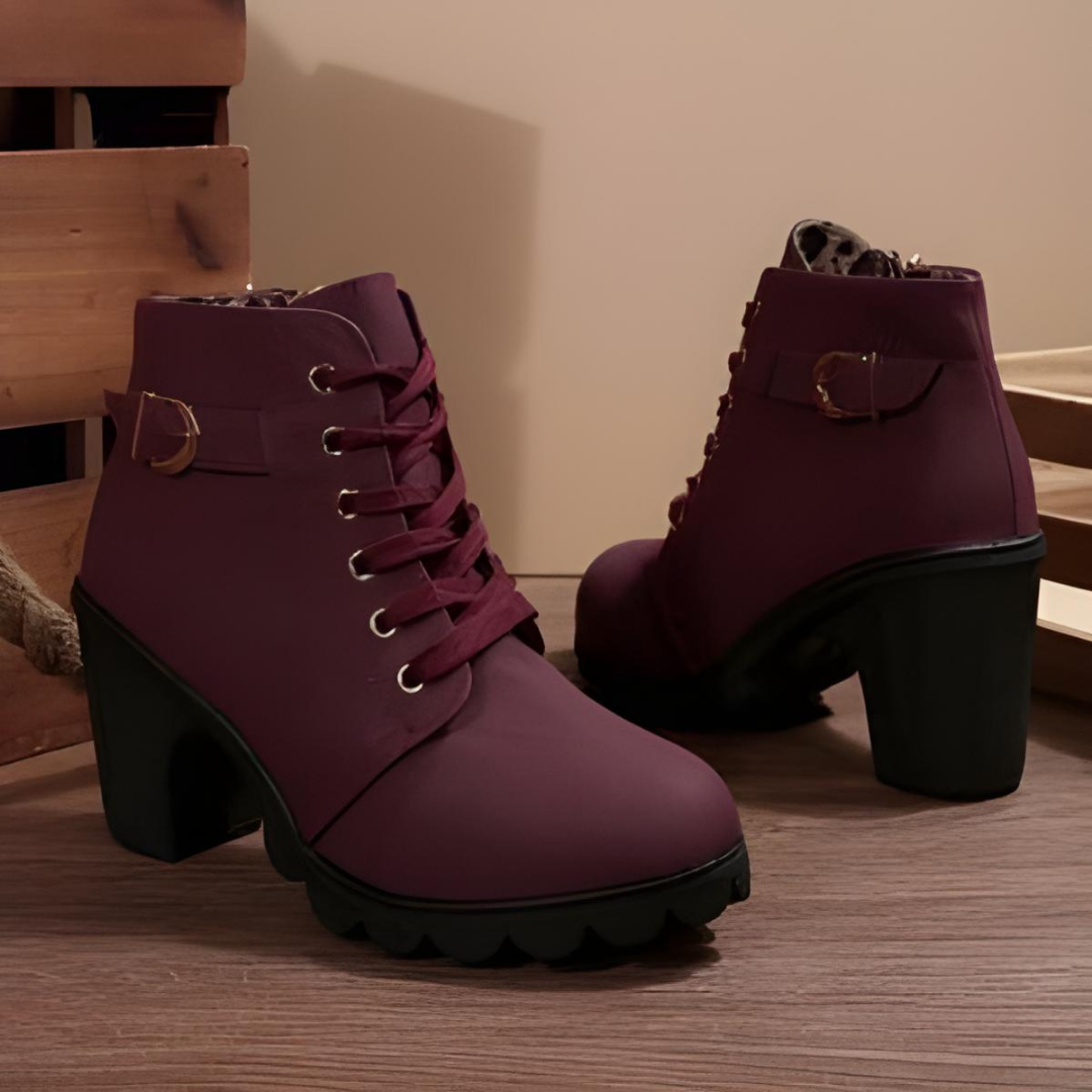Women's burgundy chunky ankle boots with lace-up and zipper fastening, metal buckle detailing
