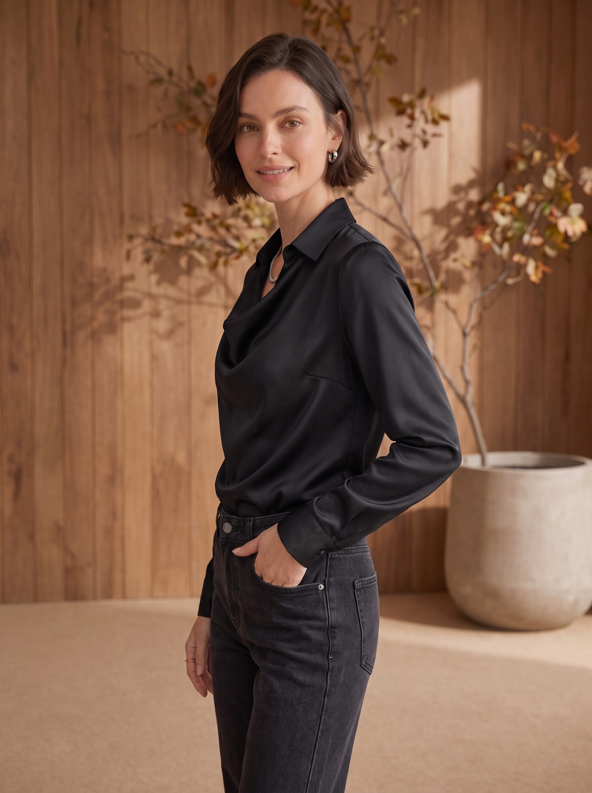 Satin drape neck blouse women