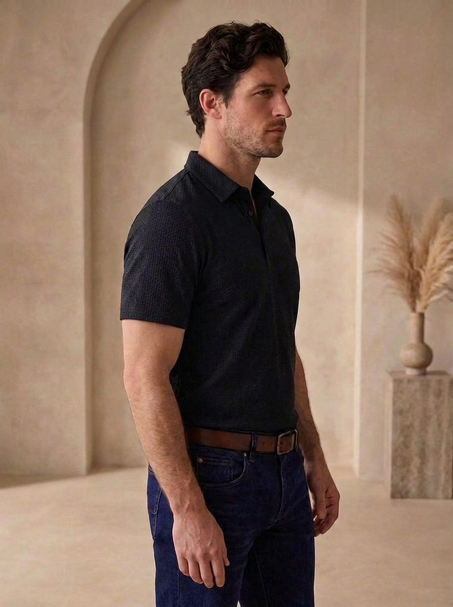 Men's short sleeve polo with mesh construction