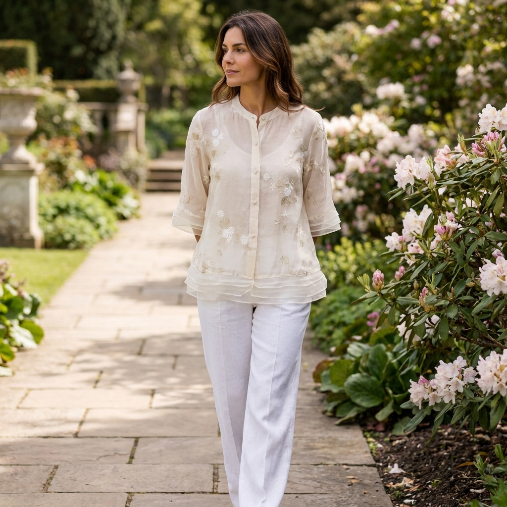 Ladies embroidered blouse with three-quarter sleeve styling