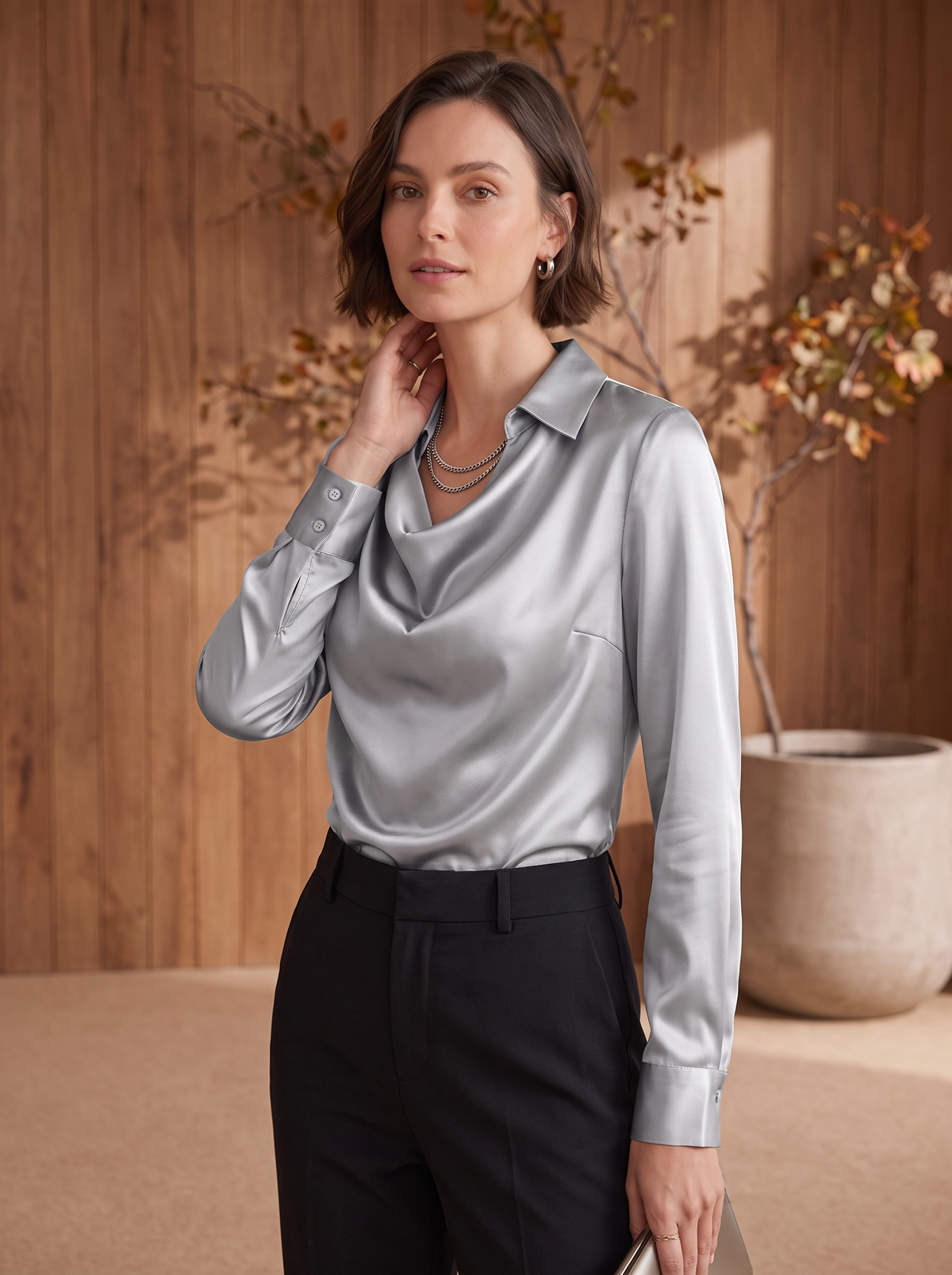 Drape neck satin blouse women