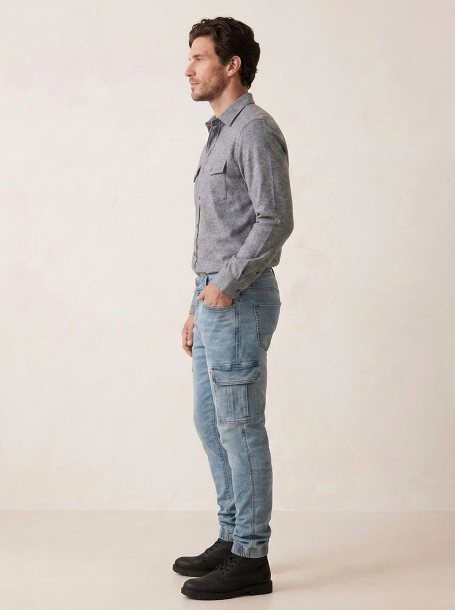 Tapered denim cargo pants with side pockets