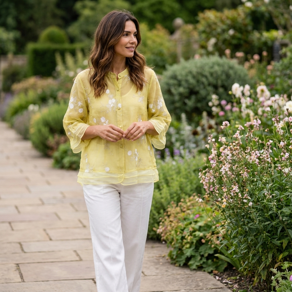 Women's embroidered blouse with decorative stitched detailing