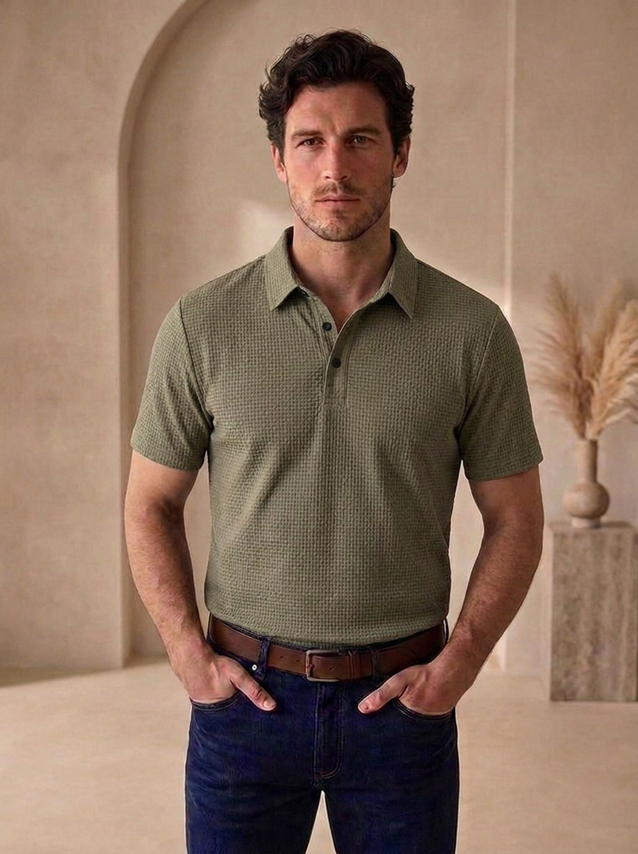 Short sleeve polo with a textured mesh finish