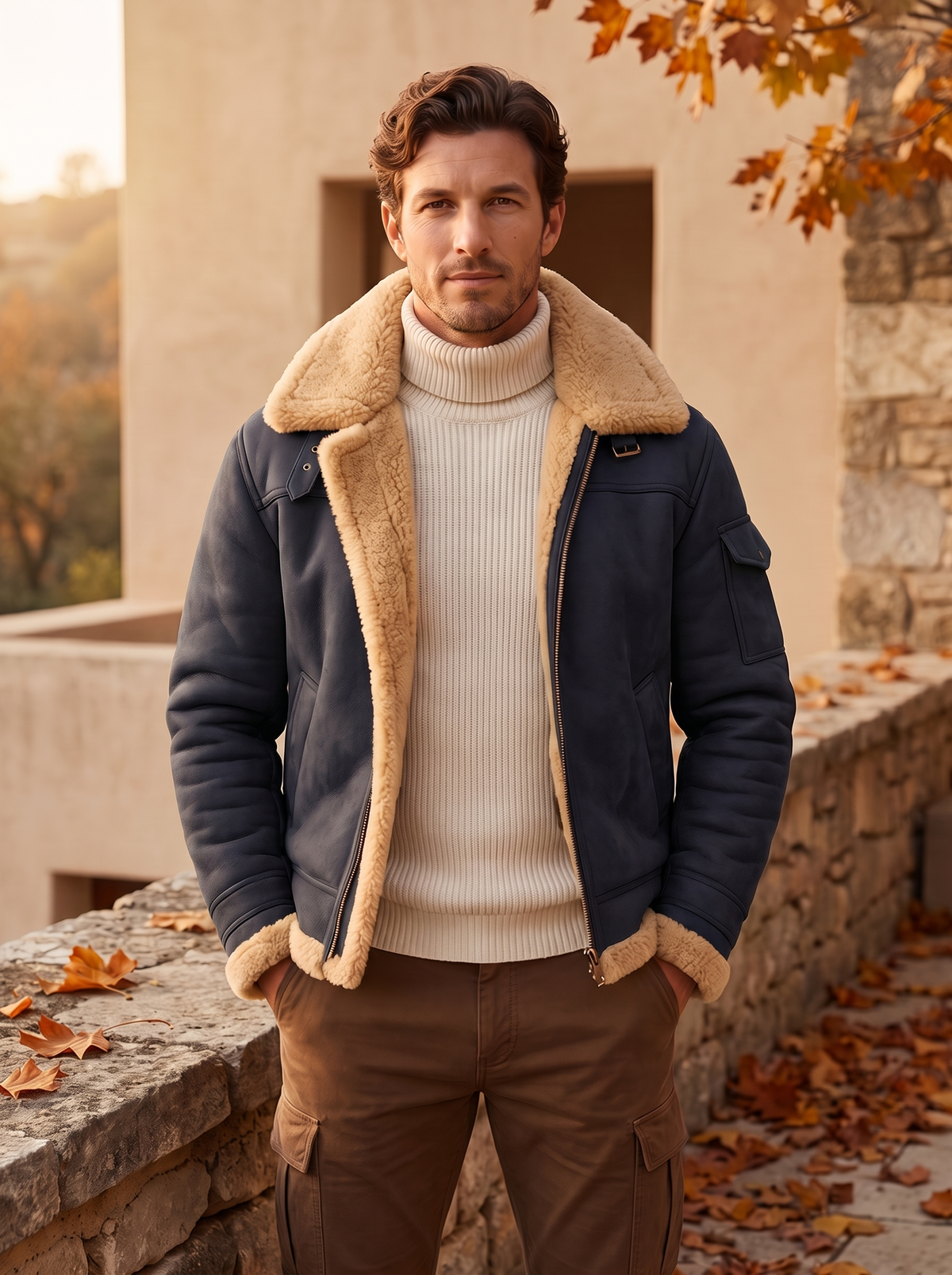 Men's warm lined jacket with shearling collar