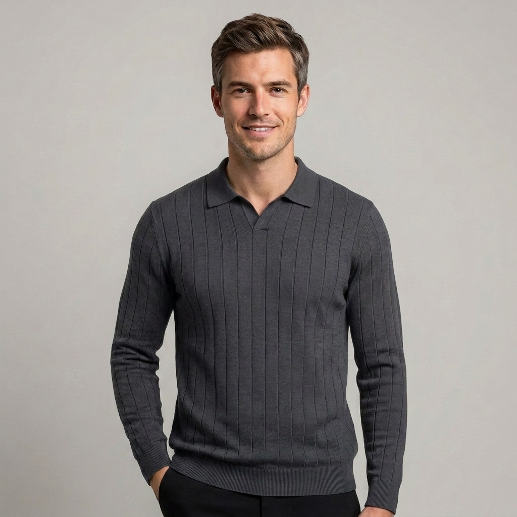 Men's knitted long sleeve polo front view