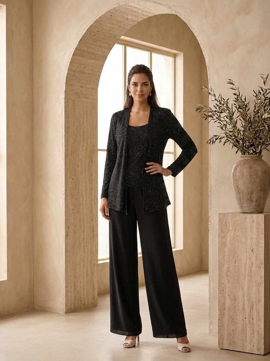Women's black three-piece evening set with open-front jacket and wide-leg trousers