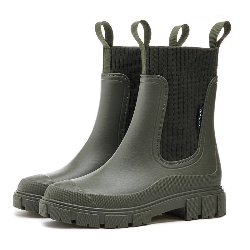Women's green waterproof ankle boots with elastic closure, casual fit