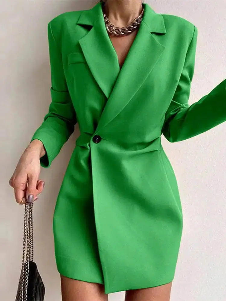 Formal polyester dress with slim fit shown from side