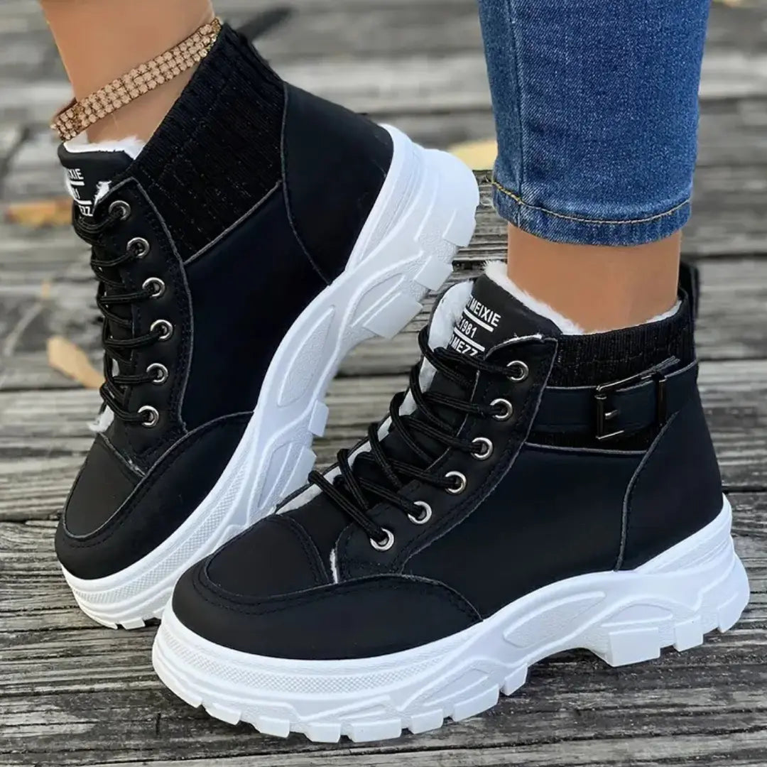 Faux leather ankle boots with lace-up front and platform sole for women