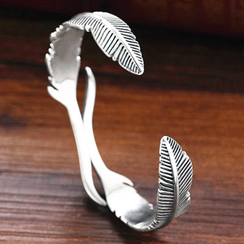 Bracelet Manchette Ouvert à Motif Plume Unisexe