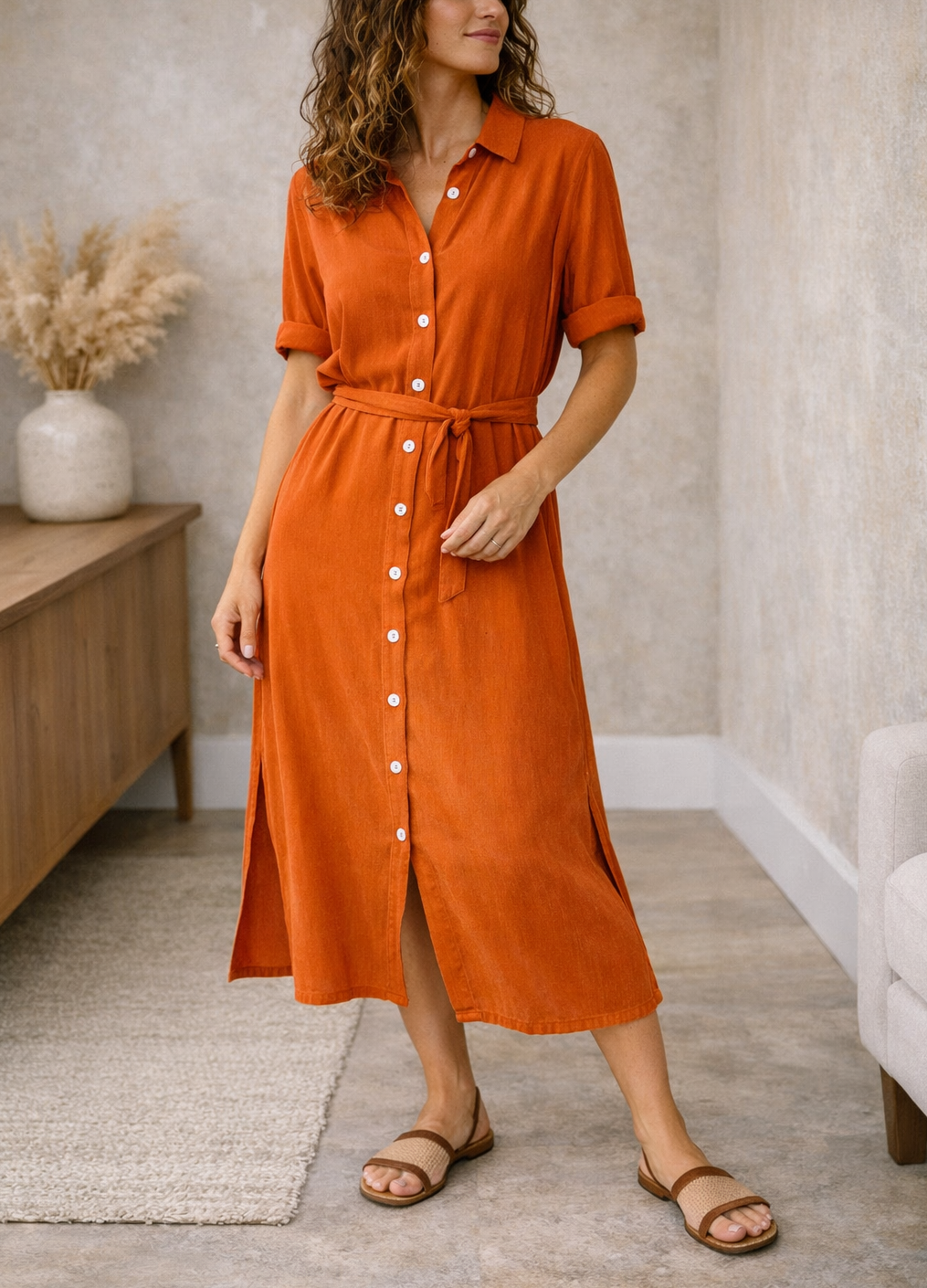 Linen dress with three quarter sleeves