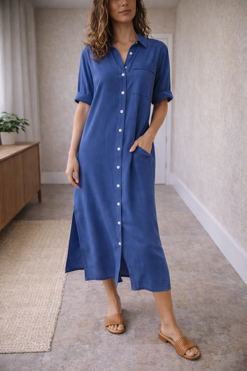 Women's linen dress with a button front