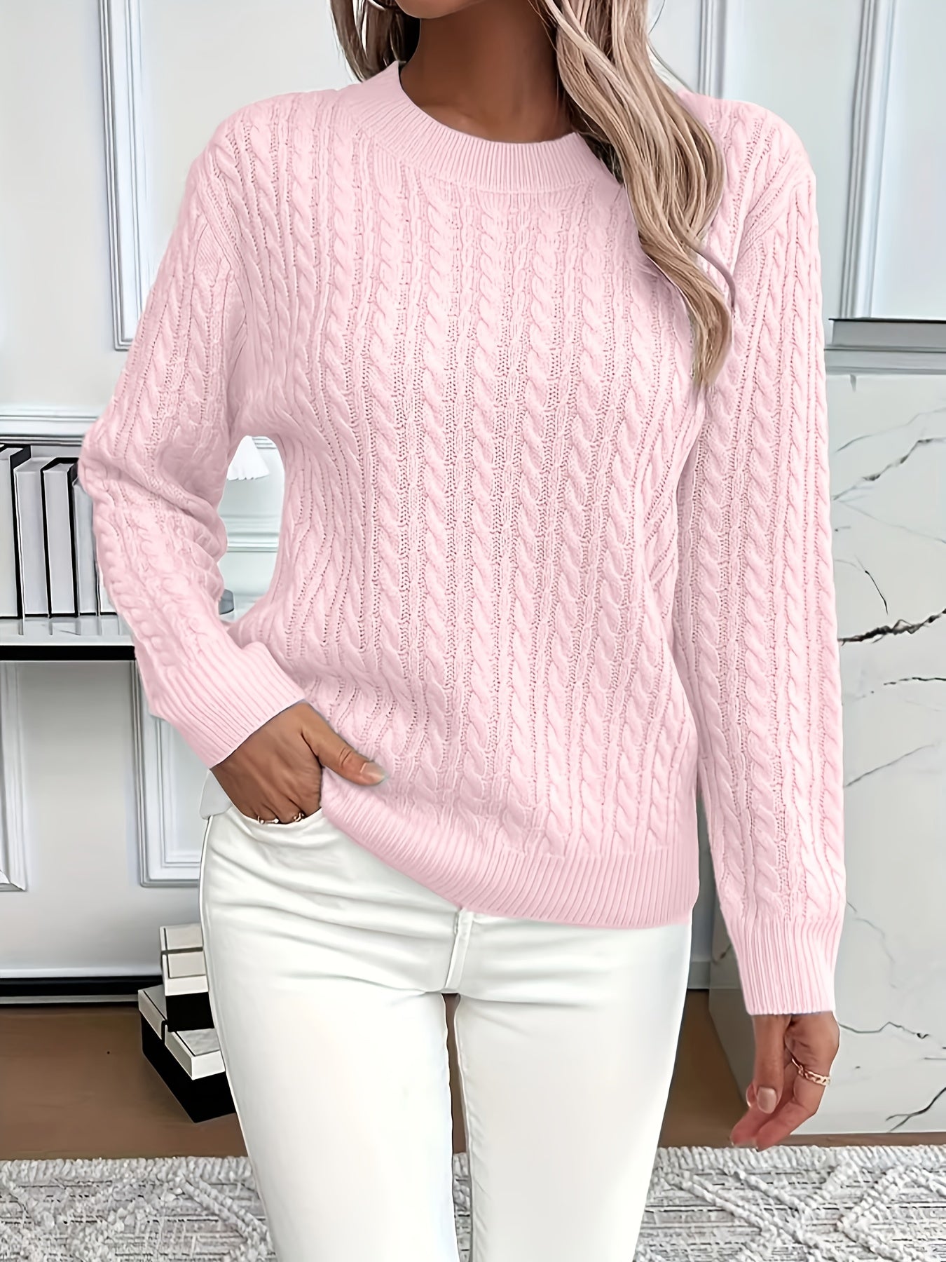 Wool crew neck jumper with classic cable pattern and regular fit
