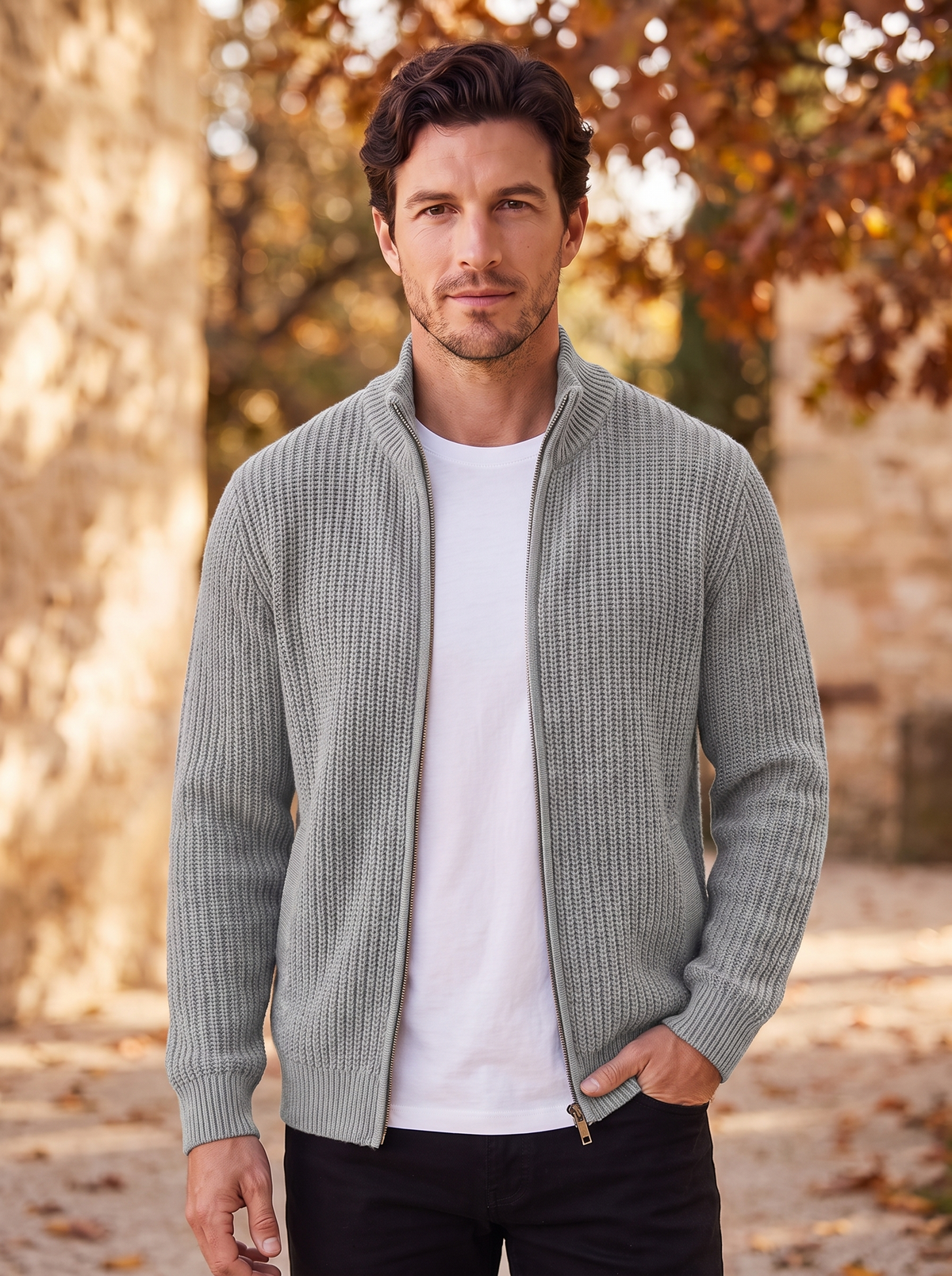 Men's textured knit cardigan for fall