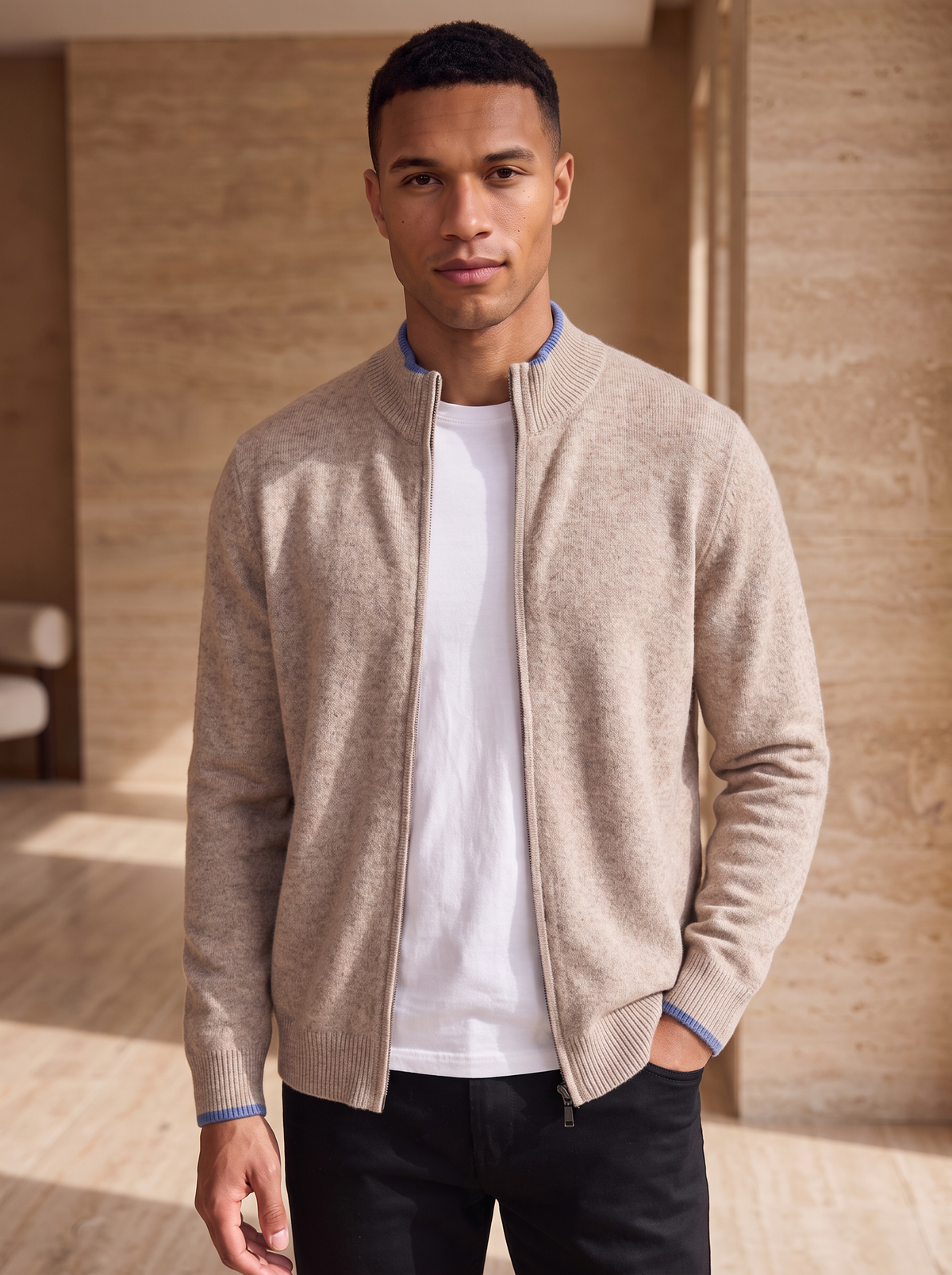 Wool cardigan with zip front
