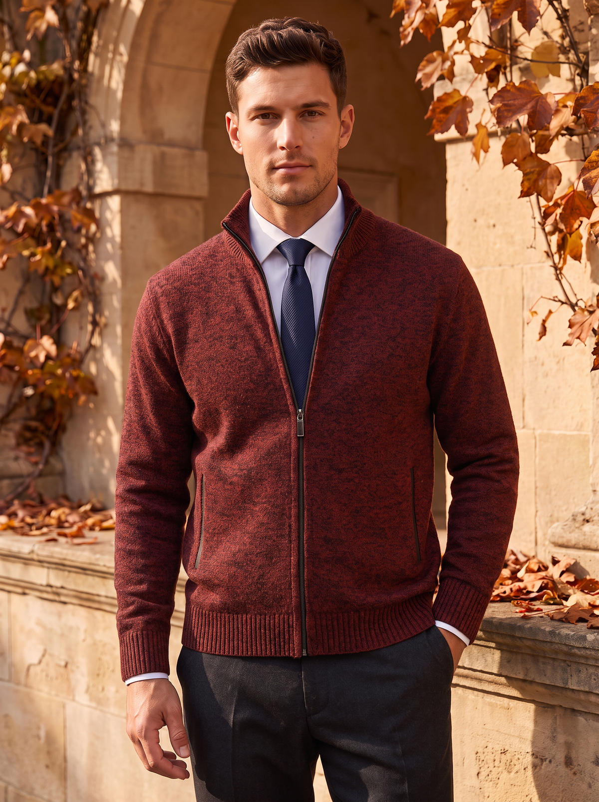 Men's collared zip up cardigan