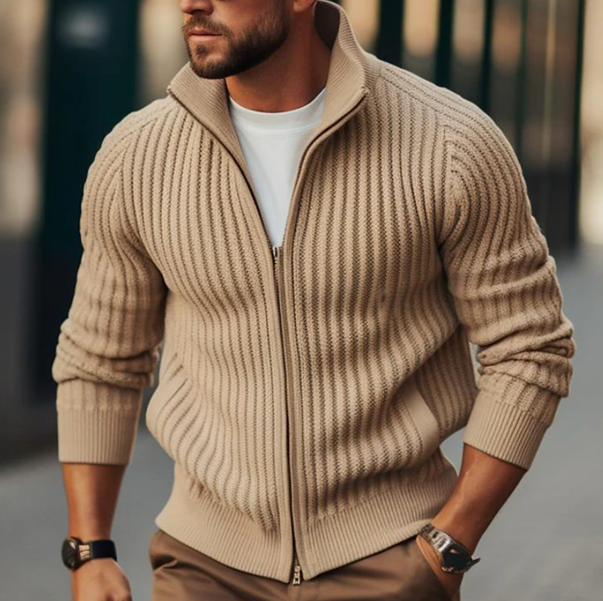 Cardigan Épais en Maille Côtelée à Col Montant Zippé Coupe Slim Homme
